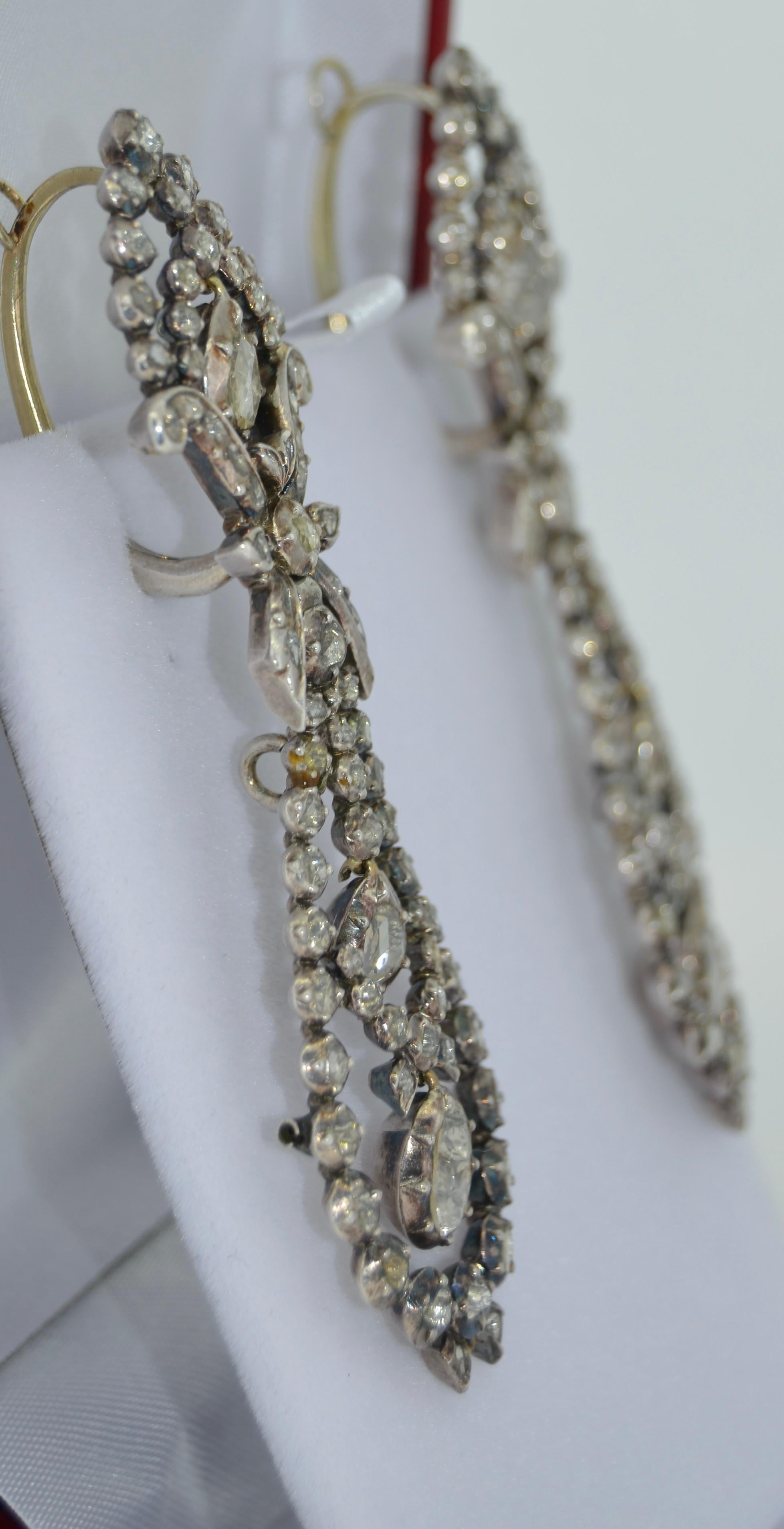 Georgian Era Rose Cut Diamond Pendant Earrings in Silver & 14k For Sale 1