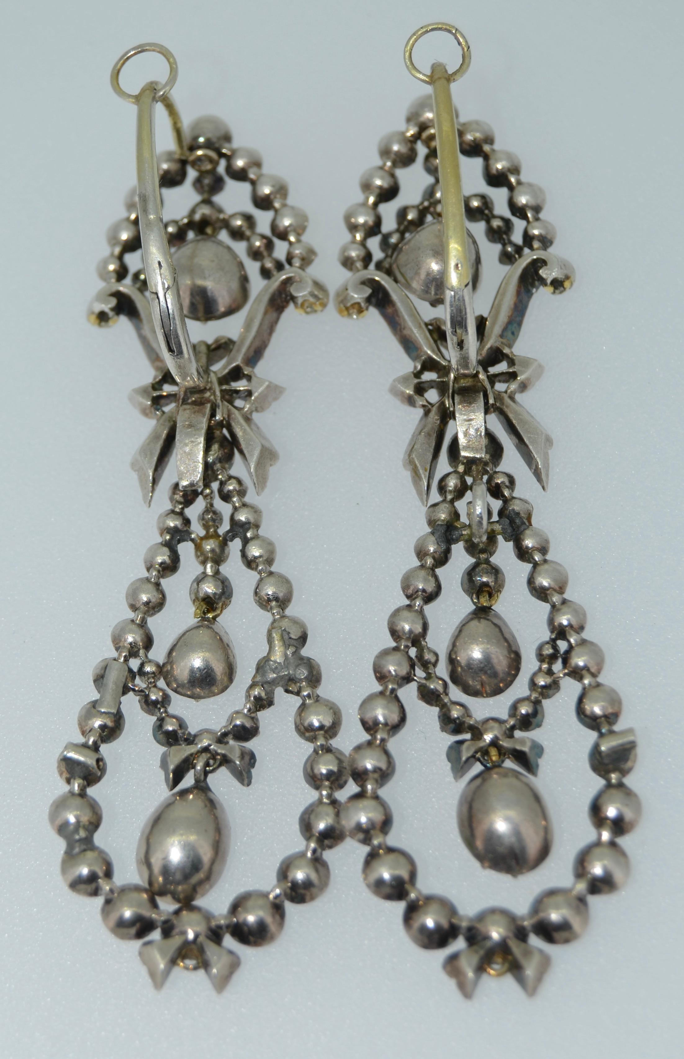 Georgian Era Rose Cut Diamond Pendant Earrings in Silver & 14k For Sale 2