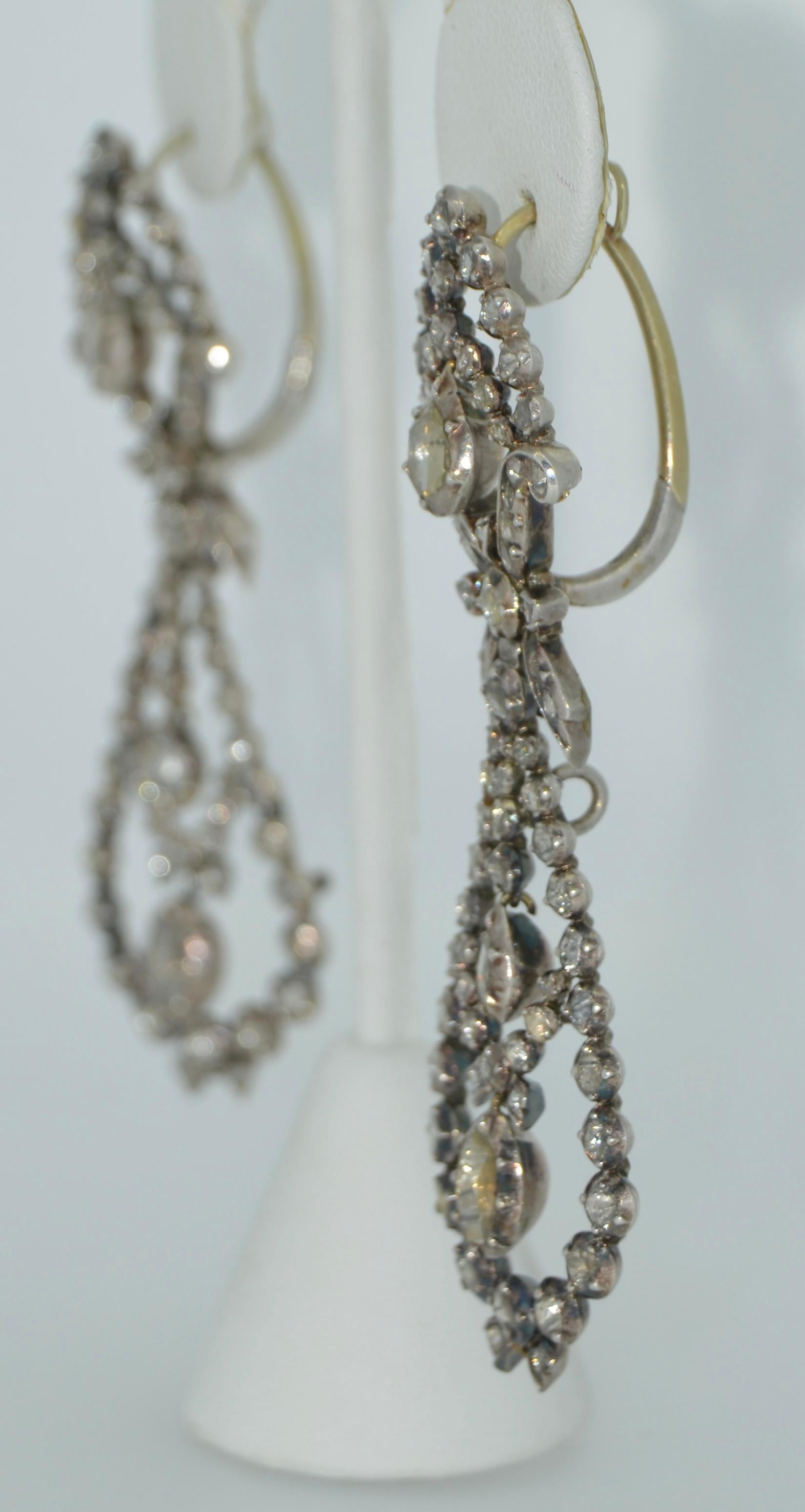 Georgian Era Rose Cut Diamond Pendant Earrings in Silver & 14k For Sale 4
