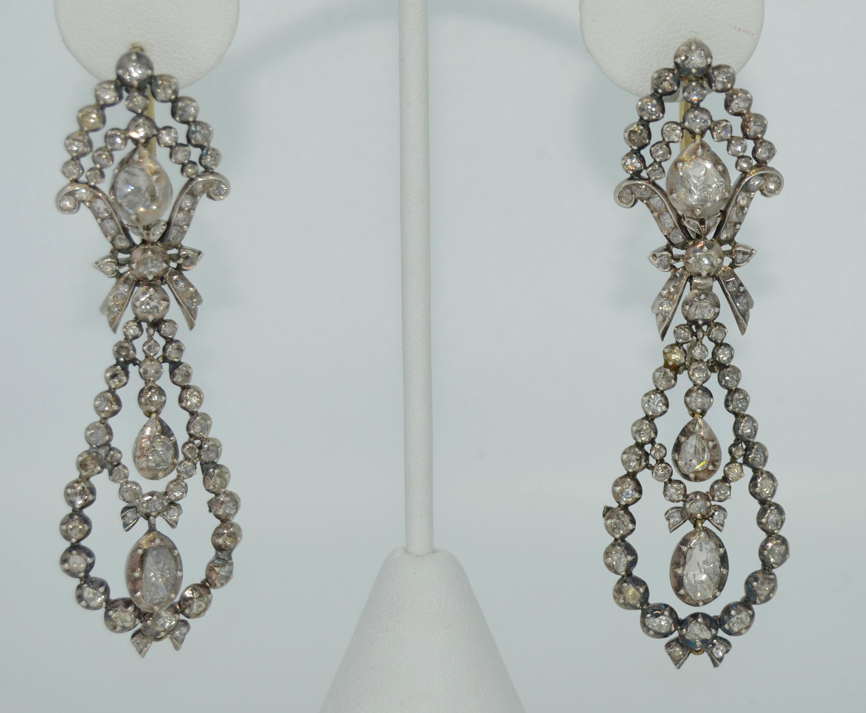 Georgian Era Rose Cut Diamond Pendant Earrings in Silver & 14k For Sale 5