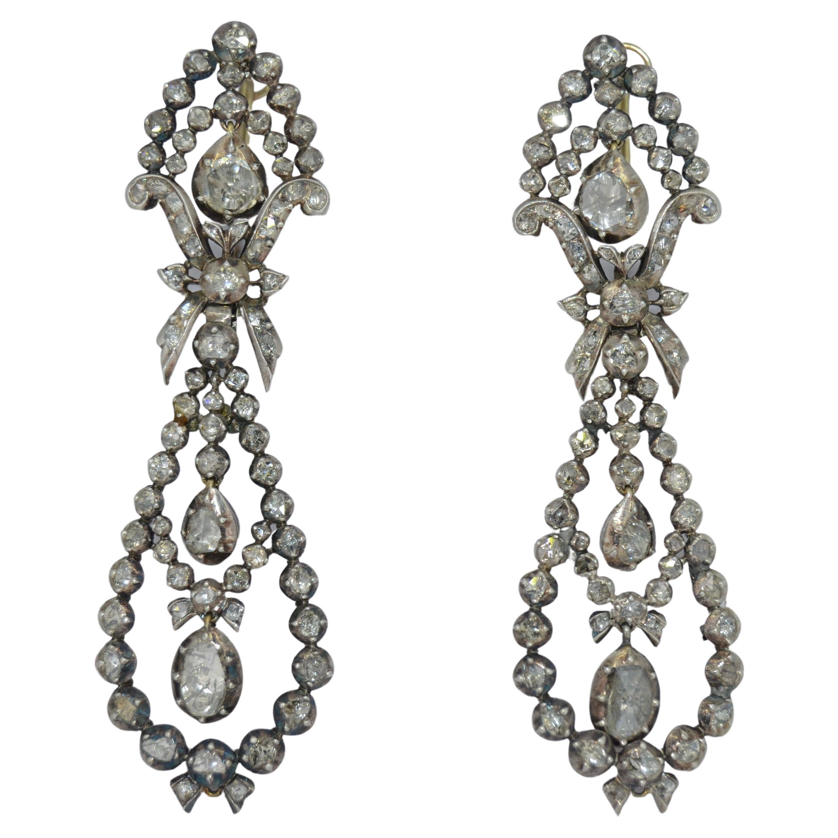 Georgian Era Rose Cut Diamond Pendant Earrings in Silver & 14k For Sale