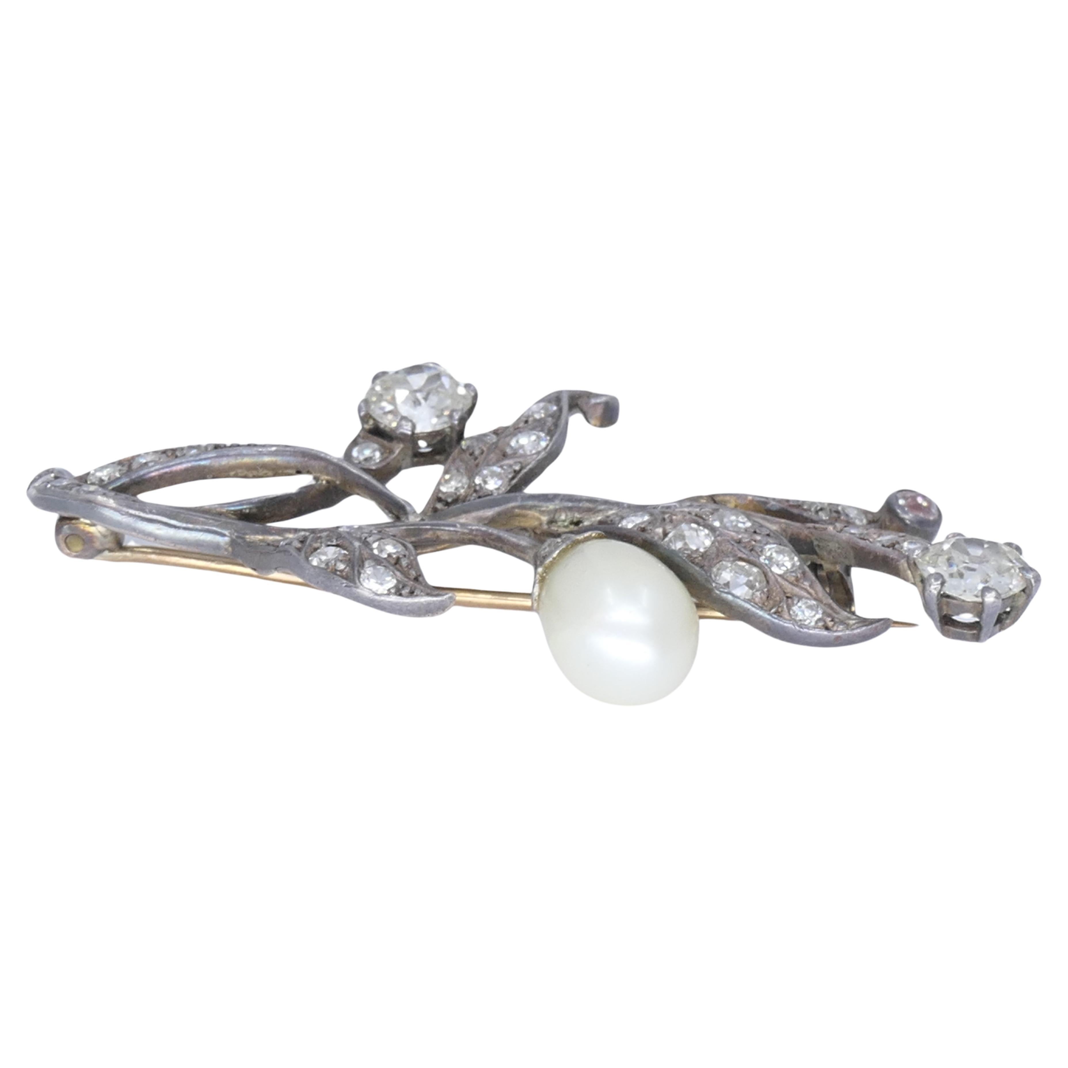 Mixed Cut Georgian Era Silver Brooch Pearl Diamond 9k Gold Antique Jewelry For Sale