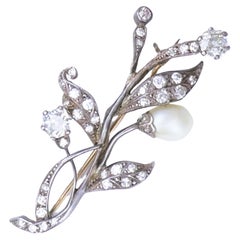 Georgian Era Silver Brooch Pearl Diamond 9k Gold Antique Jewelry (Broche en argent de l'époque géorgienne, perle et diamant)