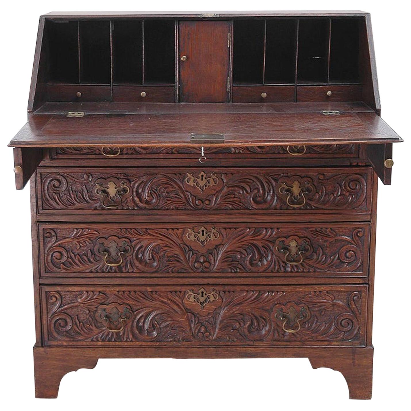 Georgian Fall-Front Secretary Desk in Carved Oak, England, circa 1800 For Sale
