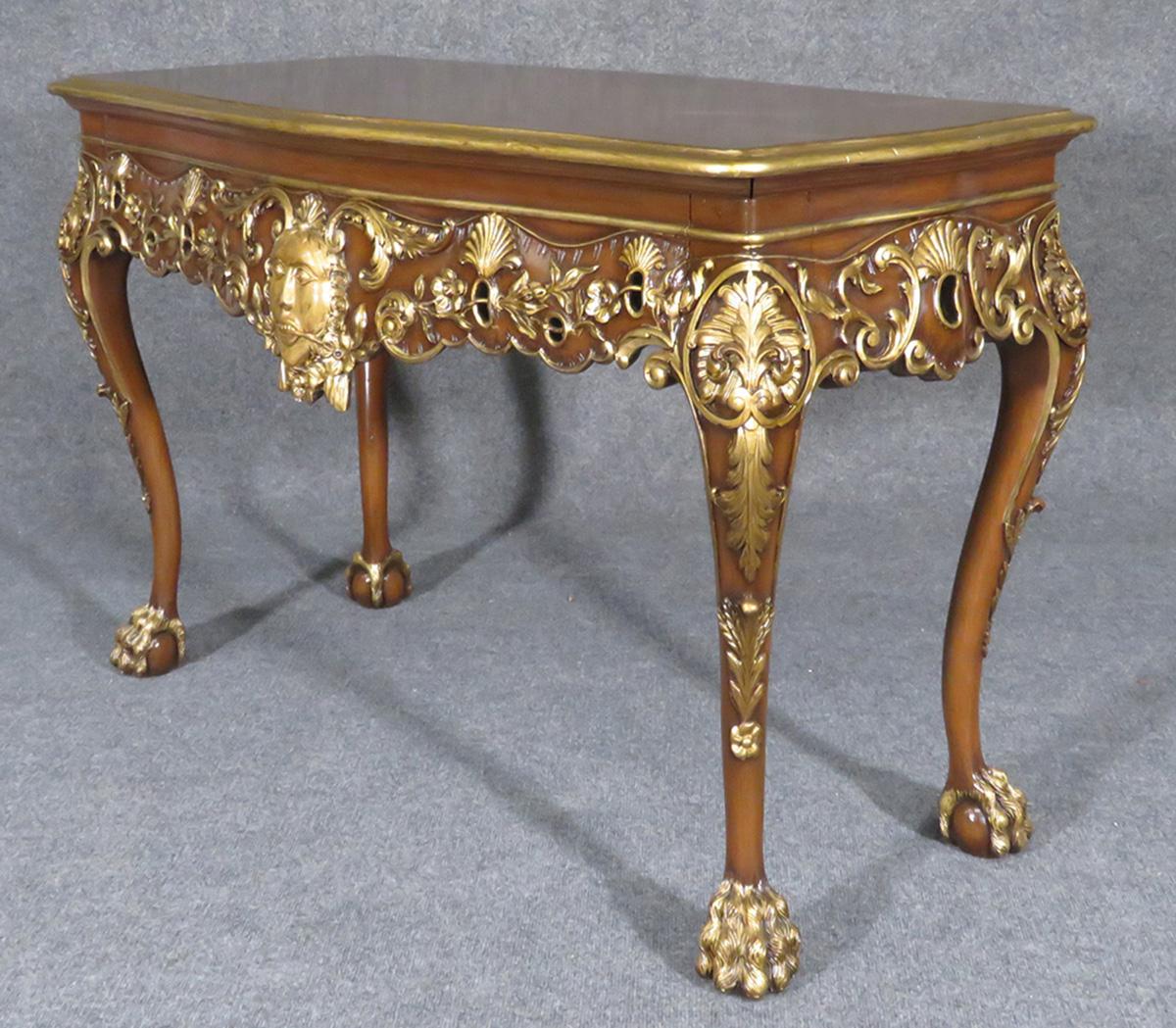 Georgian Figural Gilded Mahogany Sofa Table with Faces on Both Sides Paw Feet 1