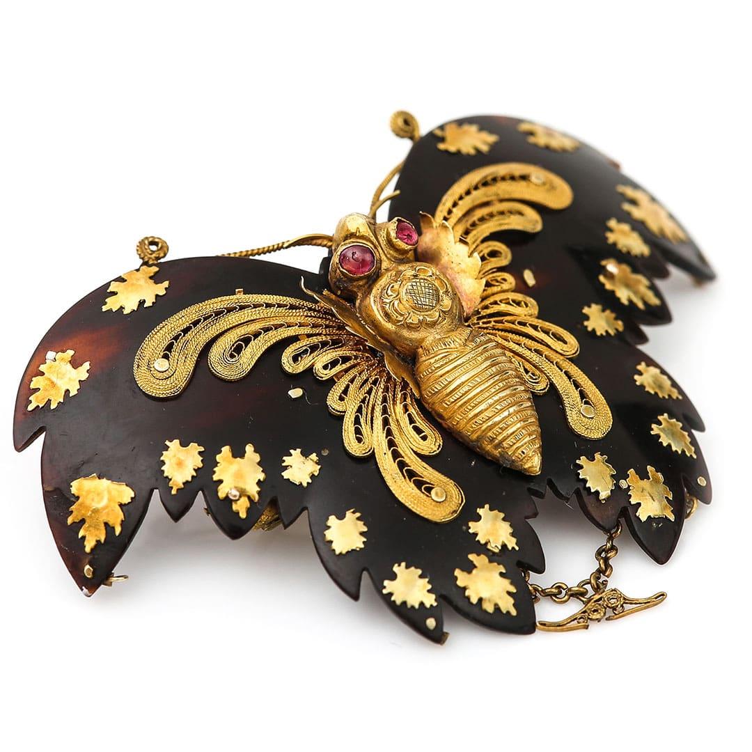 Round Cut Georgian Filigree Gold, Piqué and Ruby Butterfly Brooch Circa 1830 For Sale
