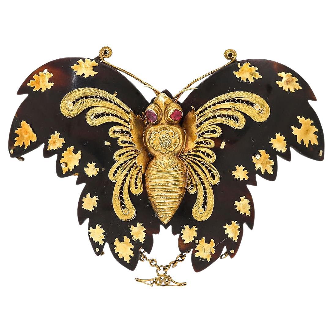 Georgian Filigree Gold, Piqué and Ruby Butterfly Brooch Circa 1830 For Sale