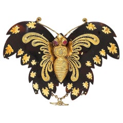 Antique Georgian Filigree Gold, Piqué and Ruby Butterfly Brooch Circa 1830