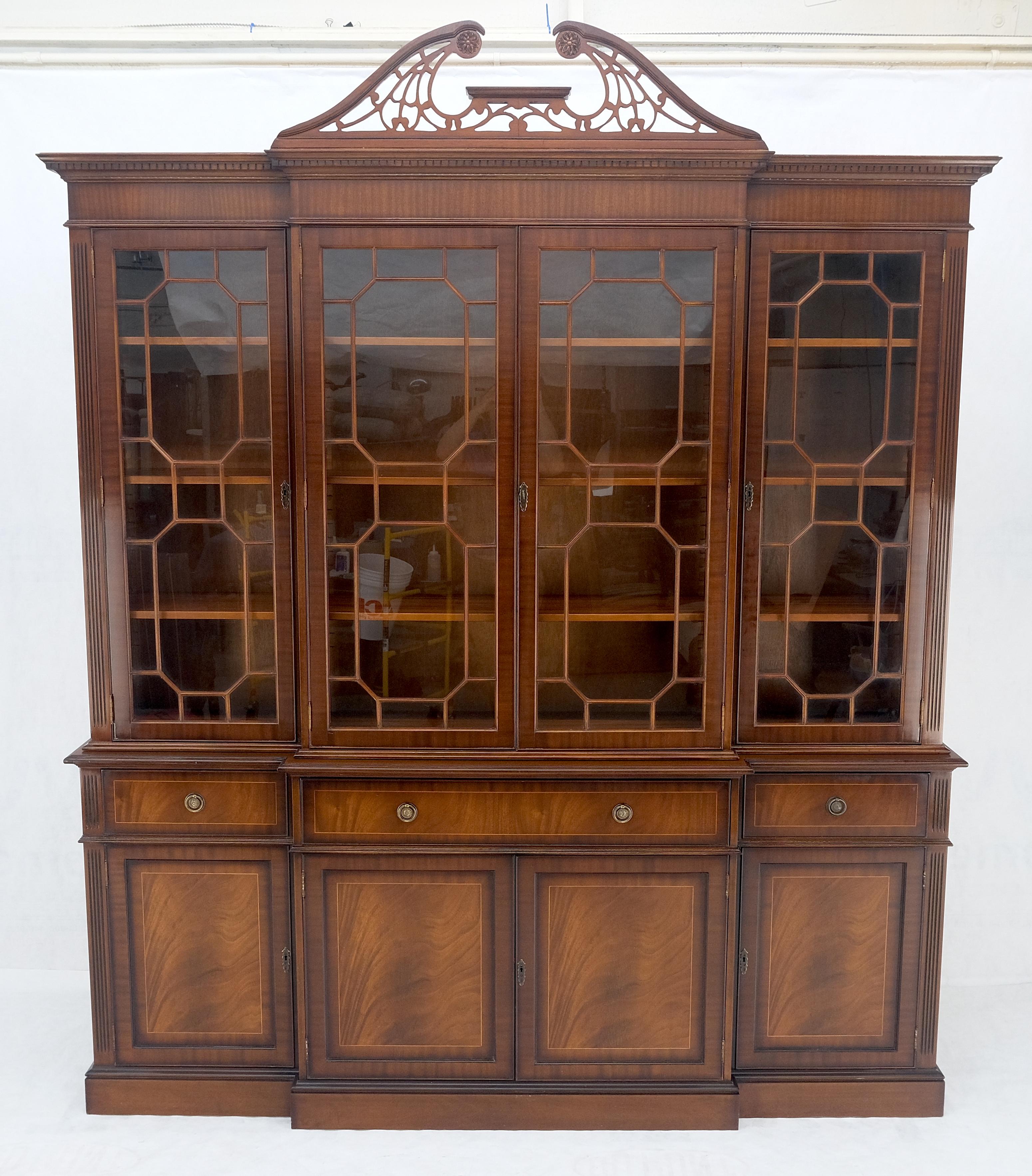 American Georgian Flame Mahogany Breakfront Bookcase Butlers Drop Desk Individual Glass  For Sale