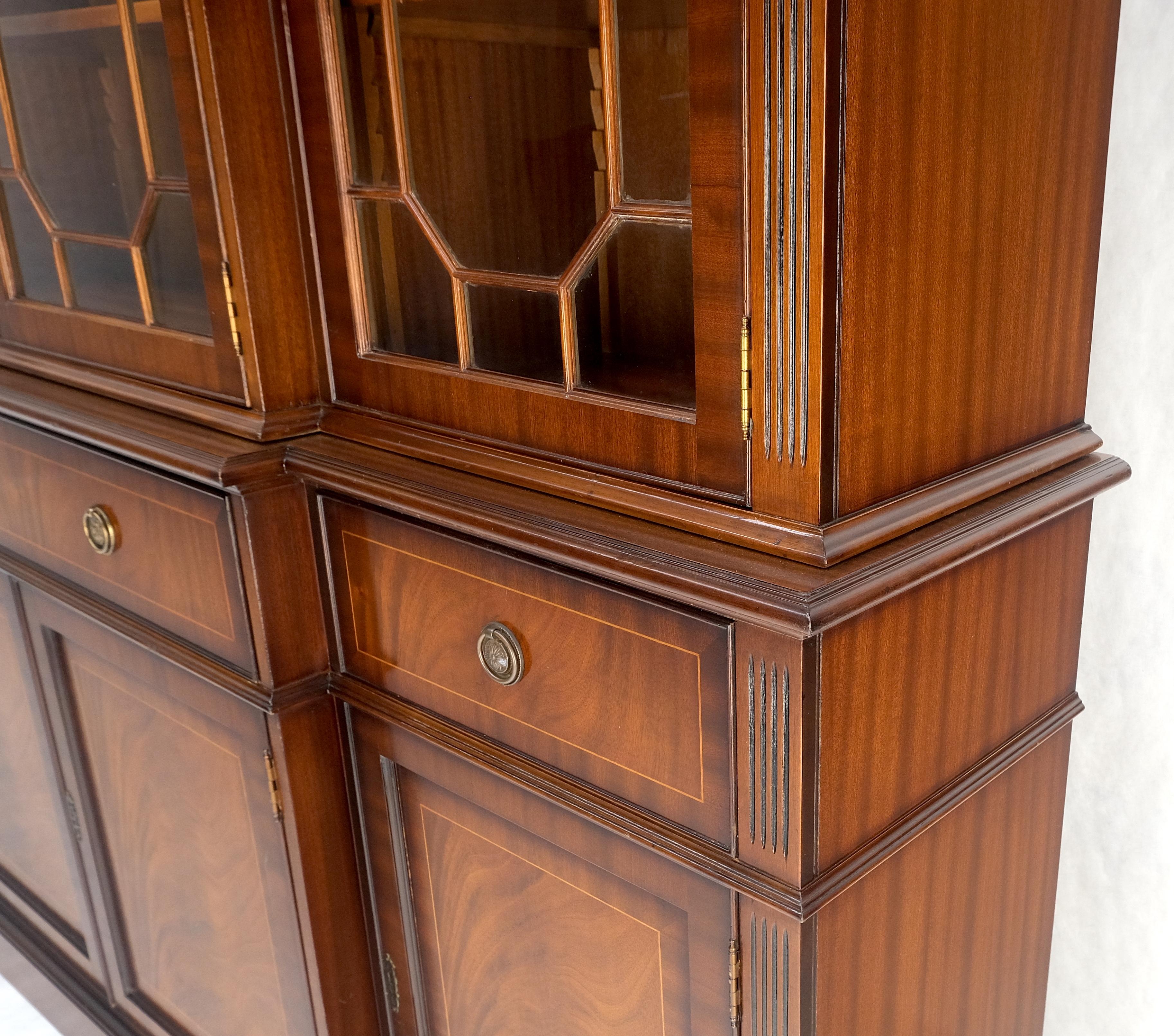 Lacquered Georgian Flame Mahogany Breakfront Bookcase Butlers Drop Desk Individual Glass For Sale