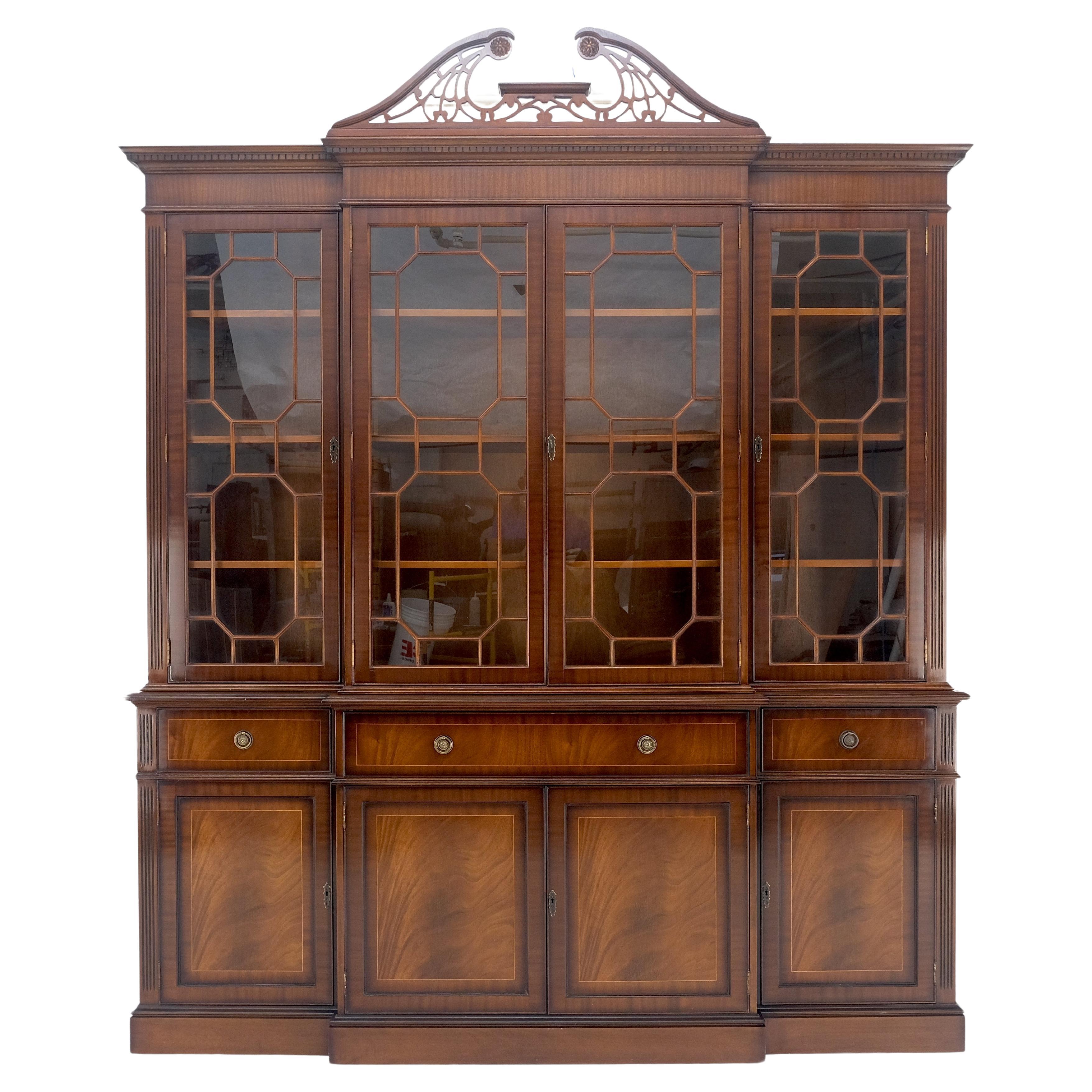 Georgian Flame Mahogany Breakfront Bookcase Butlers Drop Desk Individual Glass  For Sale