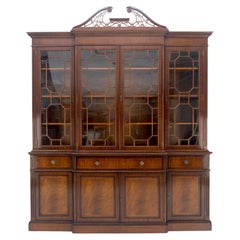Used Georgian Flame Mahogany Breakfront Bookcase Butlers Drop Desk Individual Glass 
