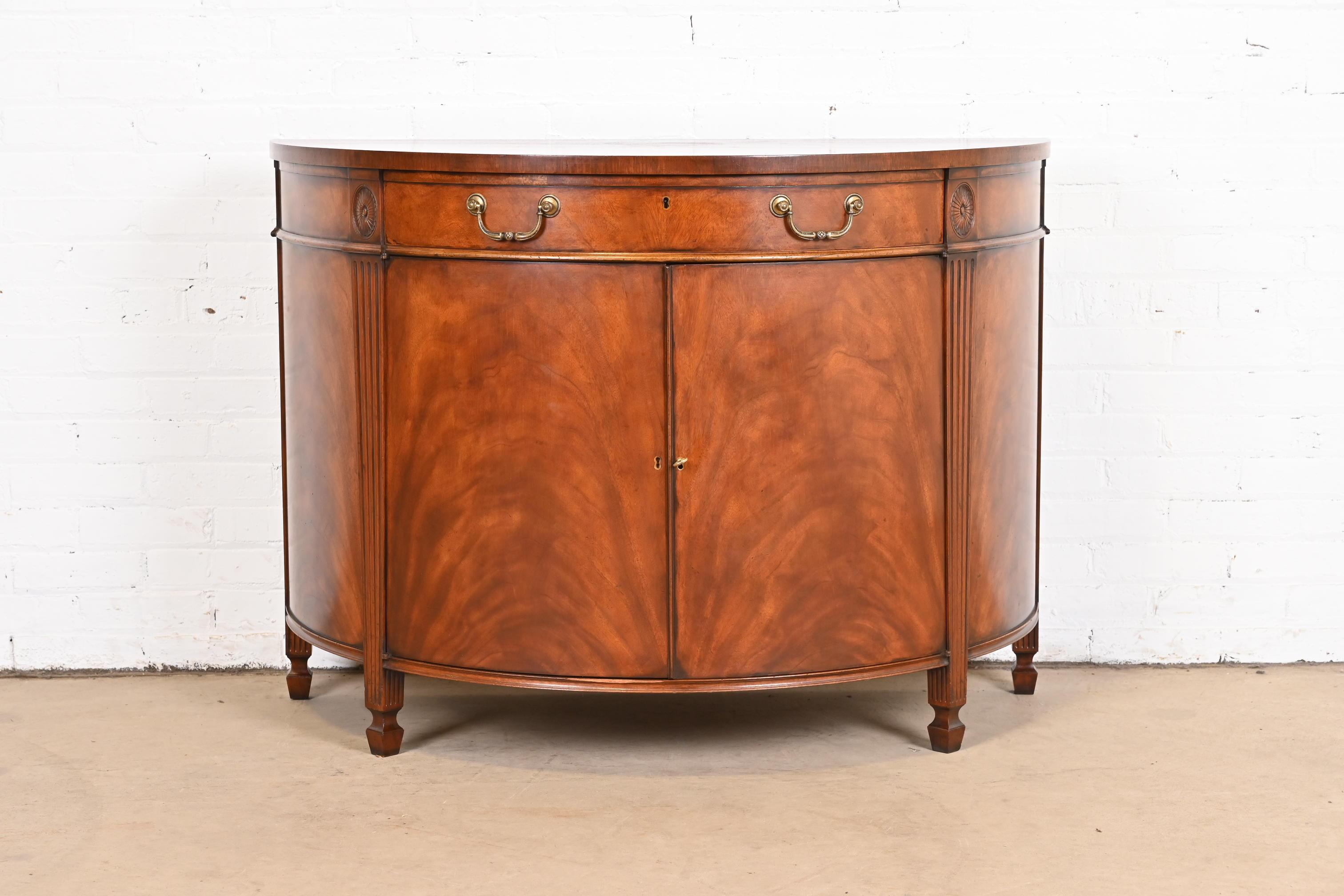 American Georgian Flame Mahogany Demilune Cabinet in the Manner of Baker Furniture