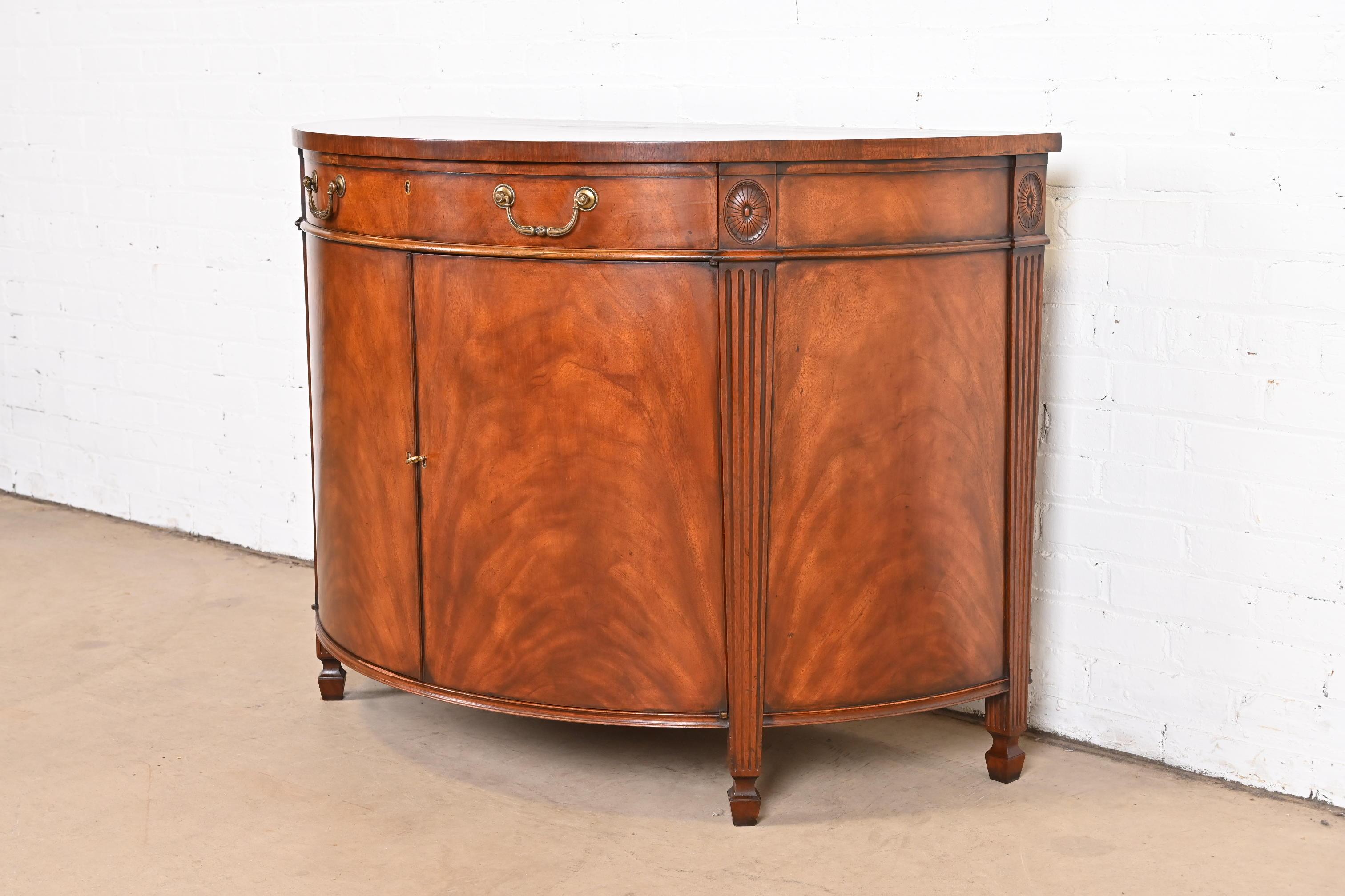 Late 20th Century Georgian Flame Mahogany Demilune Cabinet in the Manner of Baker Furniture