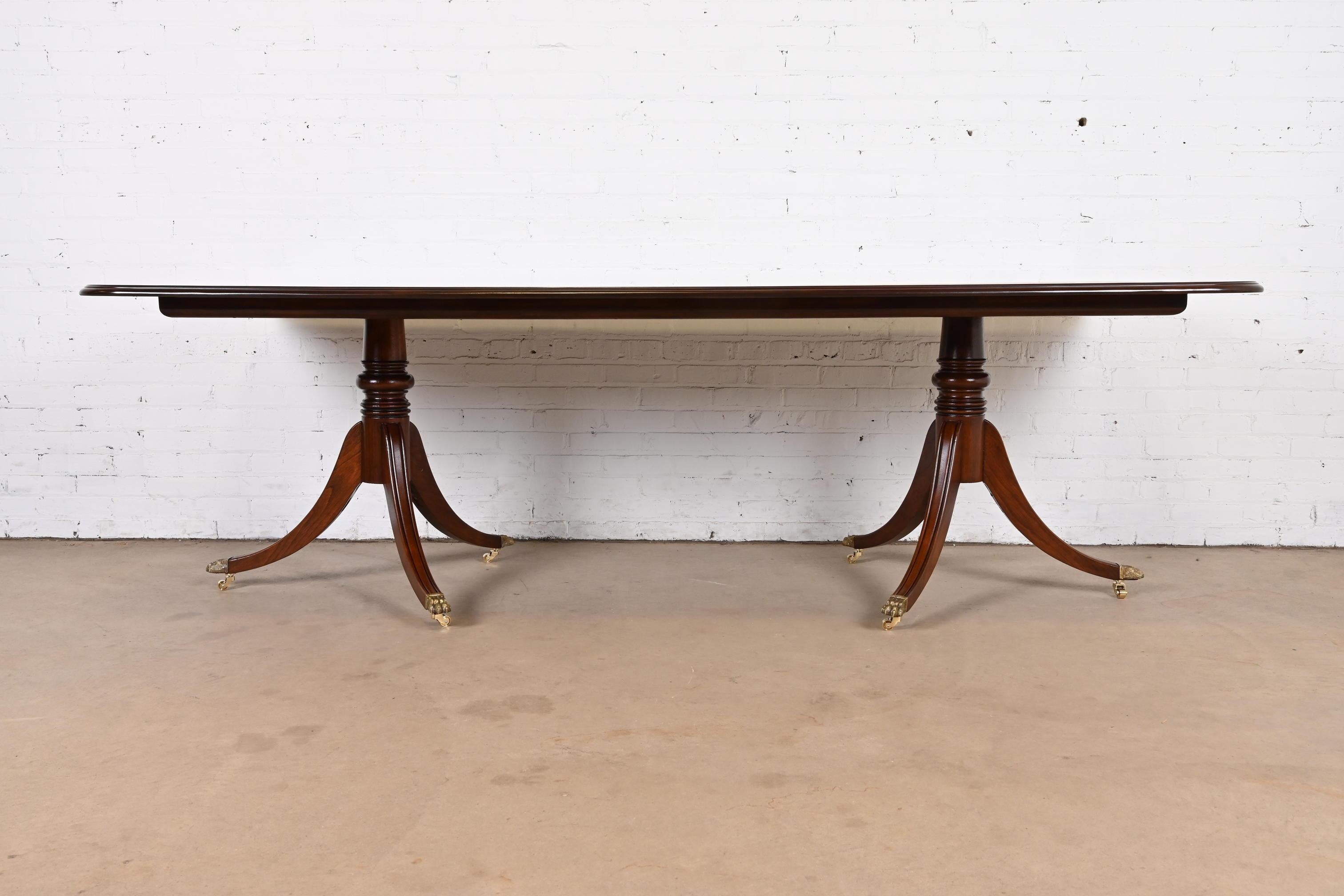 American Georgian Flame Mahogany Double Pedestal Dining Table, Newly Refinished For Sale