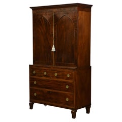 Georgian Flame Mahogany Wardrobe Linen Press with Gothic Lancet Arched Doors