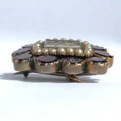 Georgian Flat Cut Almandine Garnet, Pearl and Gold Mourning Brooch