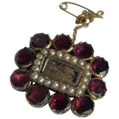 Georgian Flat Cut Almandine Garnet, Pearl and Gold Mourning Brooch