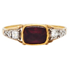 Georgischer Flachschliff Granat 18k Gelbgold Silber Closed Back Ring