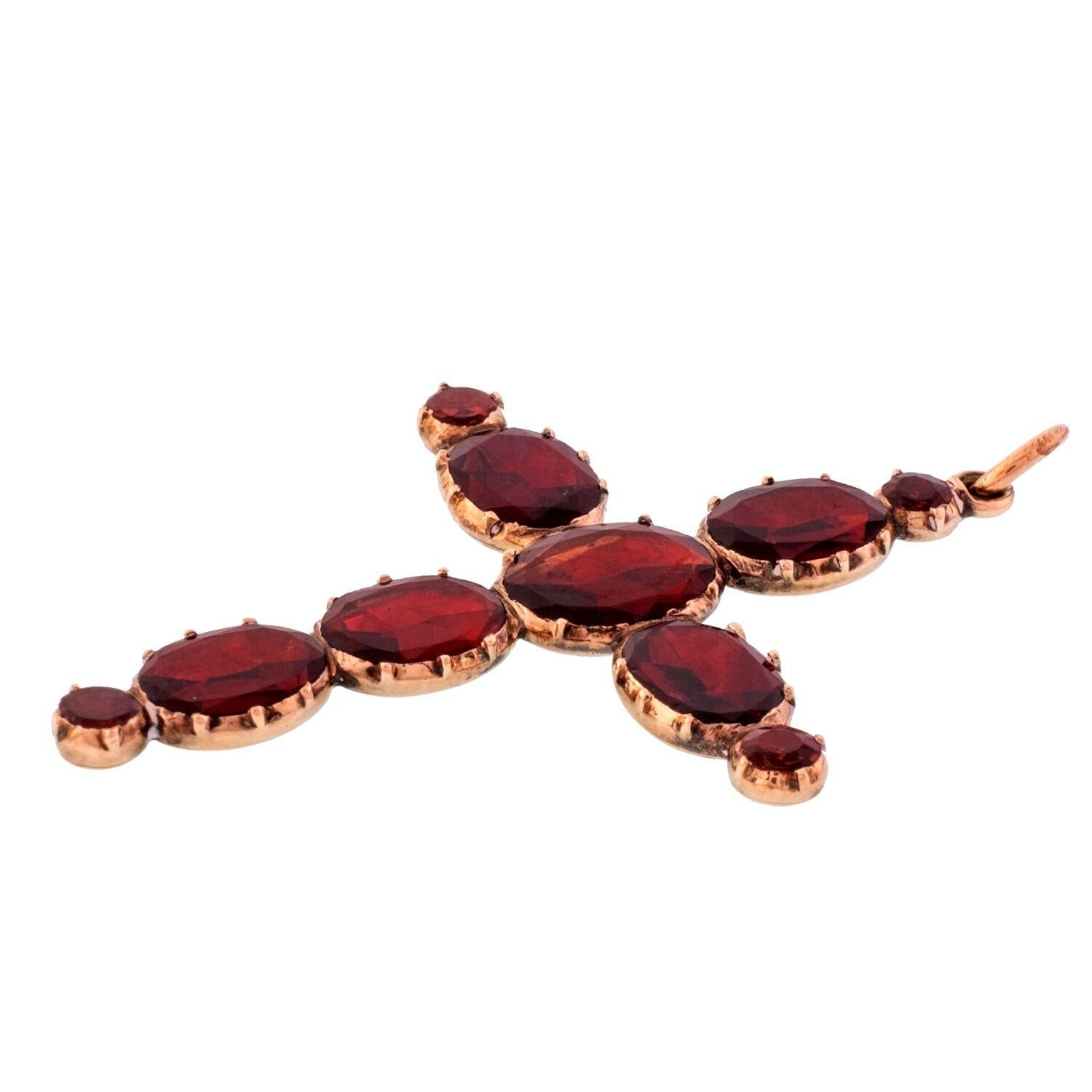 Women's or Men's Georgian Flat Cut Garnet and 14 Karat Gold Cross For Sale