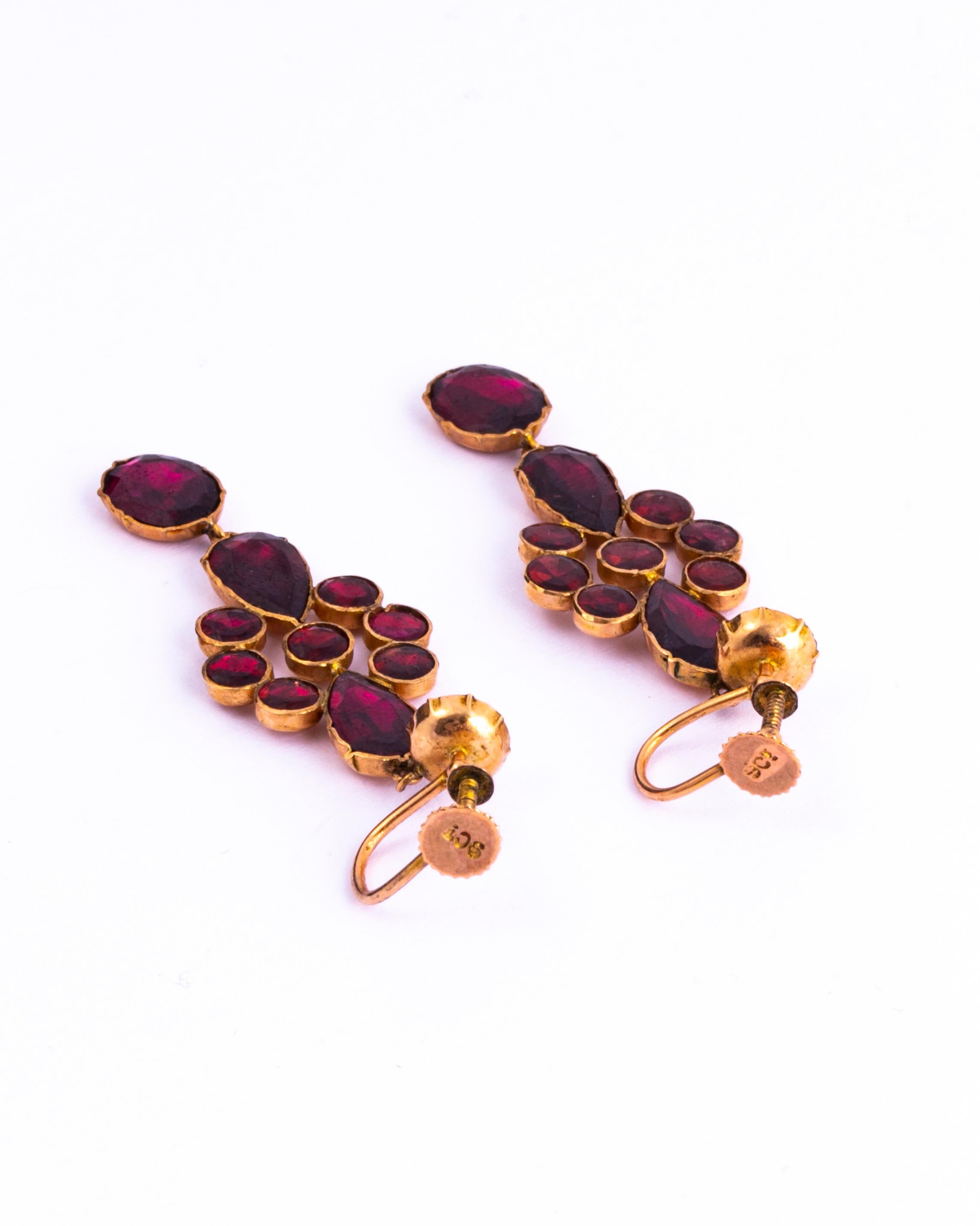 Uncut Georgian Flat Cut Garnet and Gold Earrings