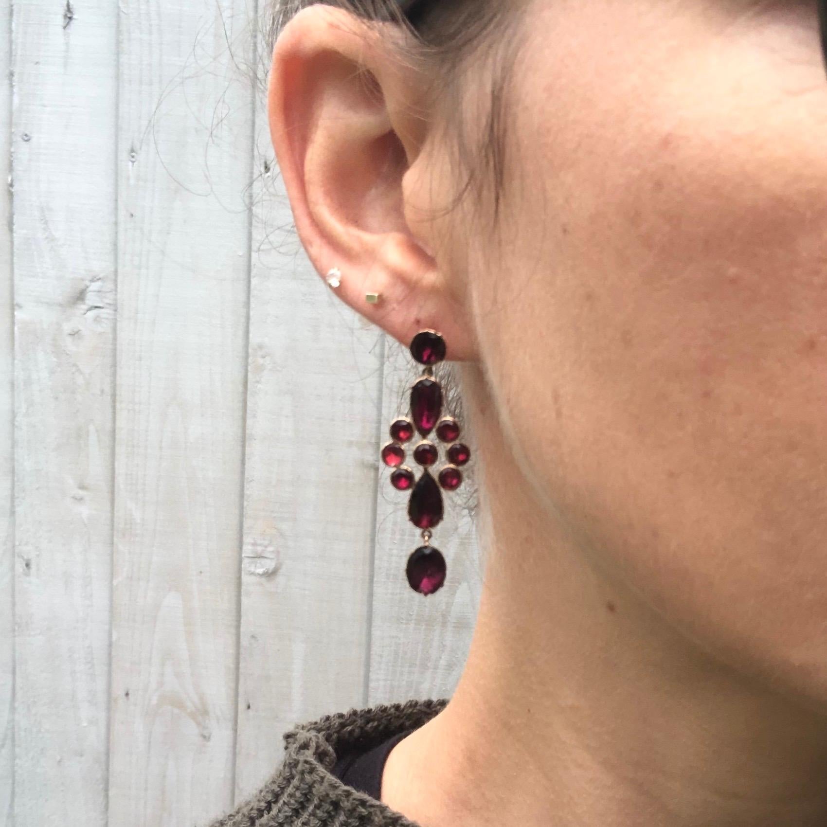 Women's Georgian Flat Cut Garnet and Gold Earrings