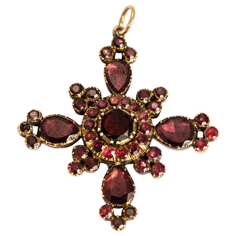 Georgian Flat Cut Garnet and Gold Pendant in Original Fitted Box at 1stDibs