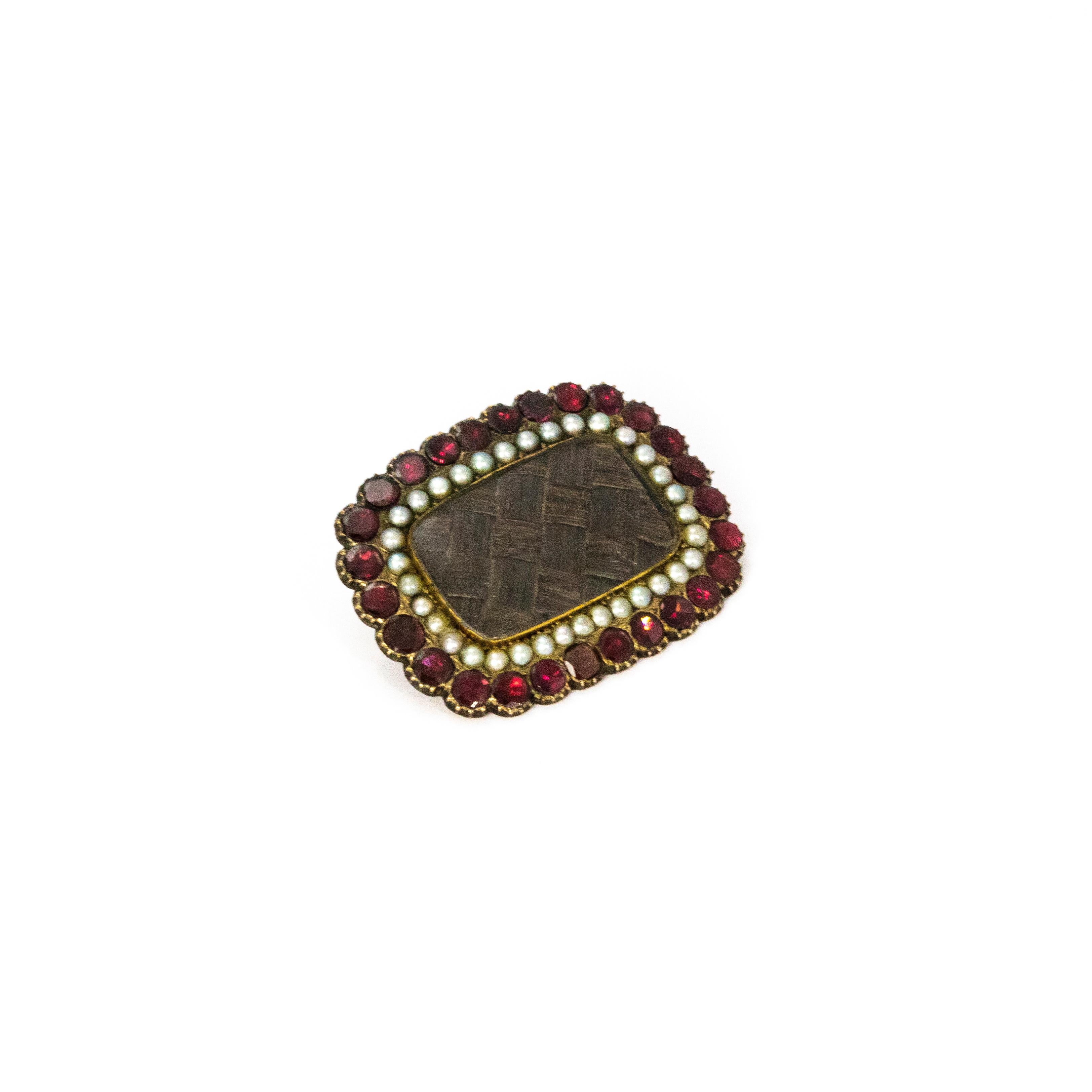 Women's or Men's Georgian Flat Cut Garnet and Pearl Memorial Brooch For Sale