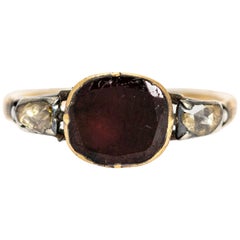 Antique Georgian Flat Cut Garnet and Rose Cut Diamond 18 Carat Gold Ring