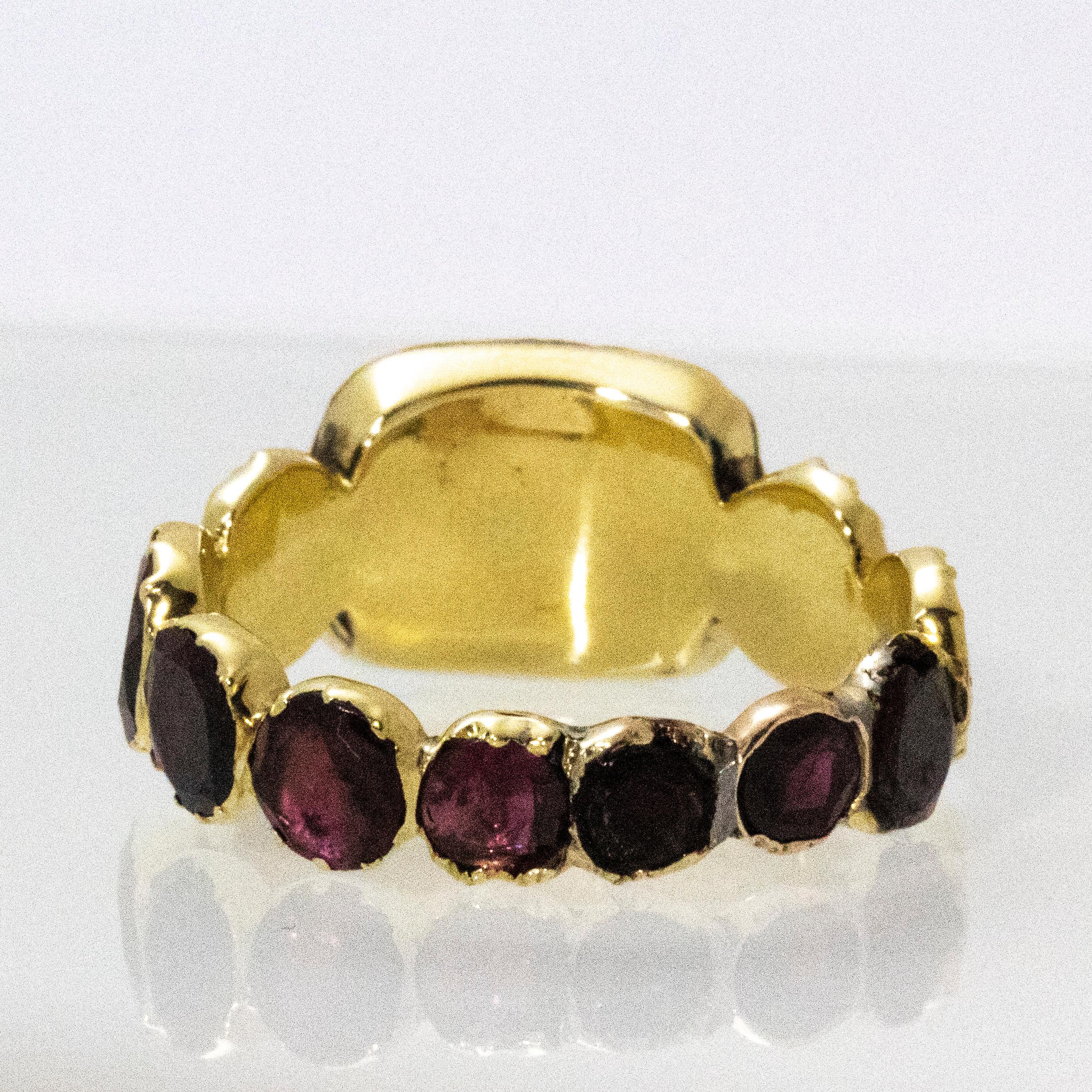 Women's or Men's Georgian Flat Cut Garnet Eternity 15 Carat Gold Mourning Ring