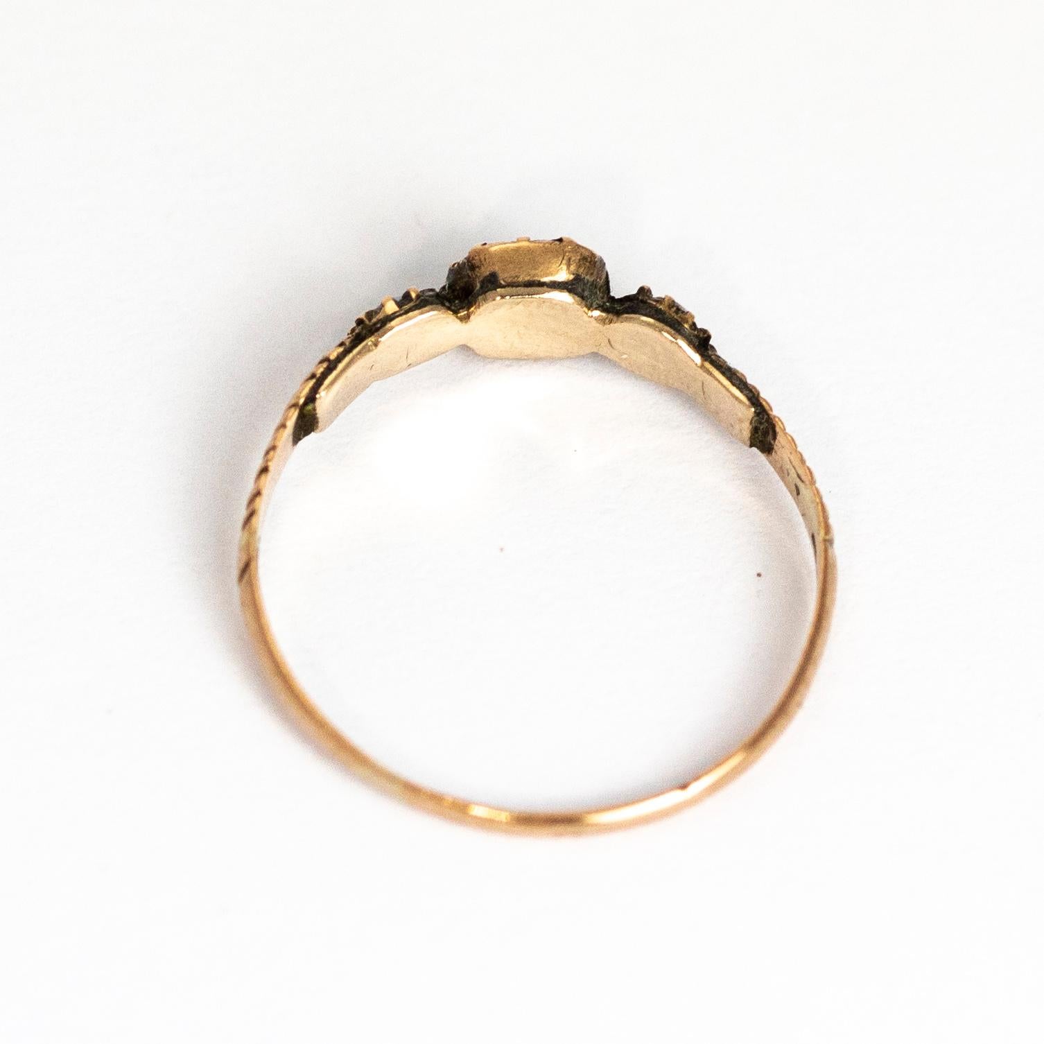 Georgian Flat Cut and Pearl 9 Karat Gold Three-Stone Ring 1