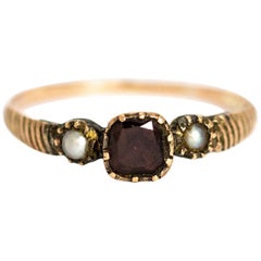 Georgian Flat Cut and Pearl 9 Karat Gold Three-Stone Ring