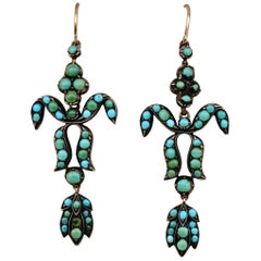 Georgian Fleur de Lys Natural Turquoise Long Drop Earrings 9 Karat Gold