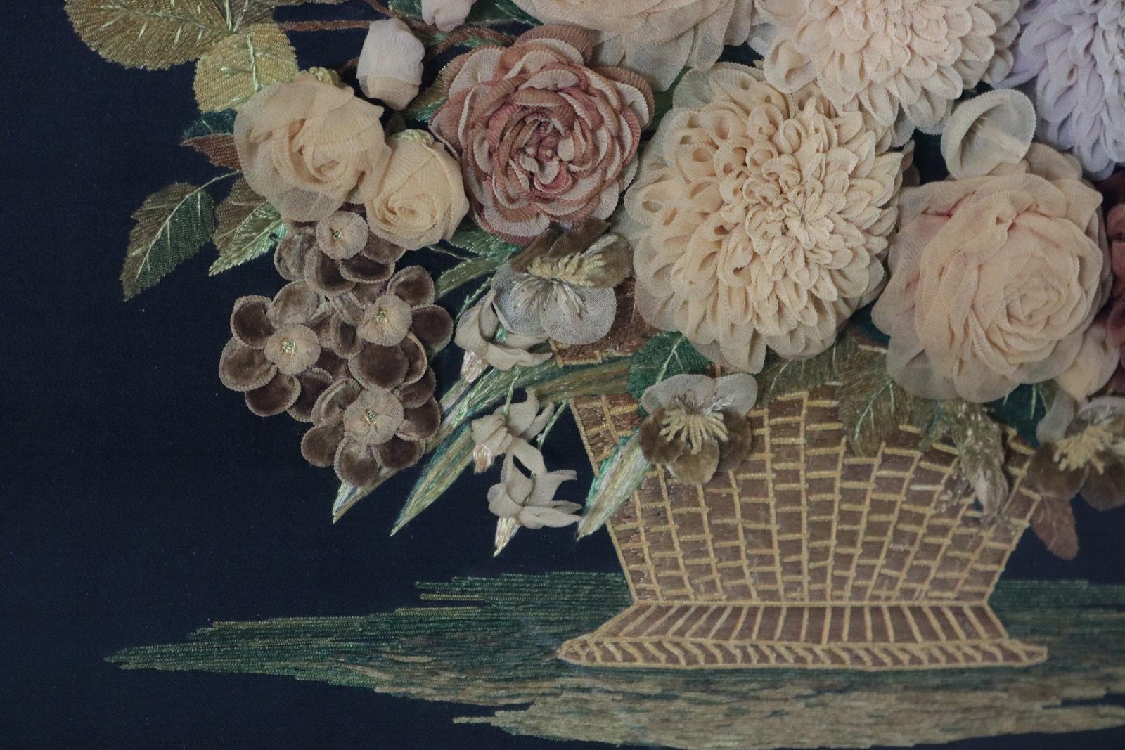 Silk Georgian Flower Basket Raised Work Floral Embroidery