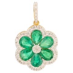 Georgian Flower Pendant in Emerald and Diamond with 18K Solid Yellow Gold