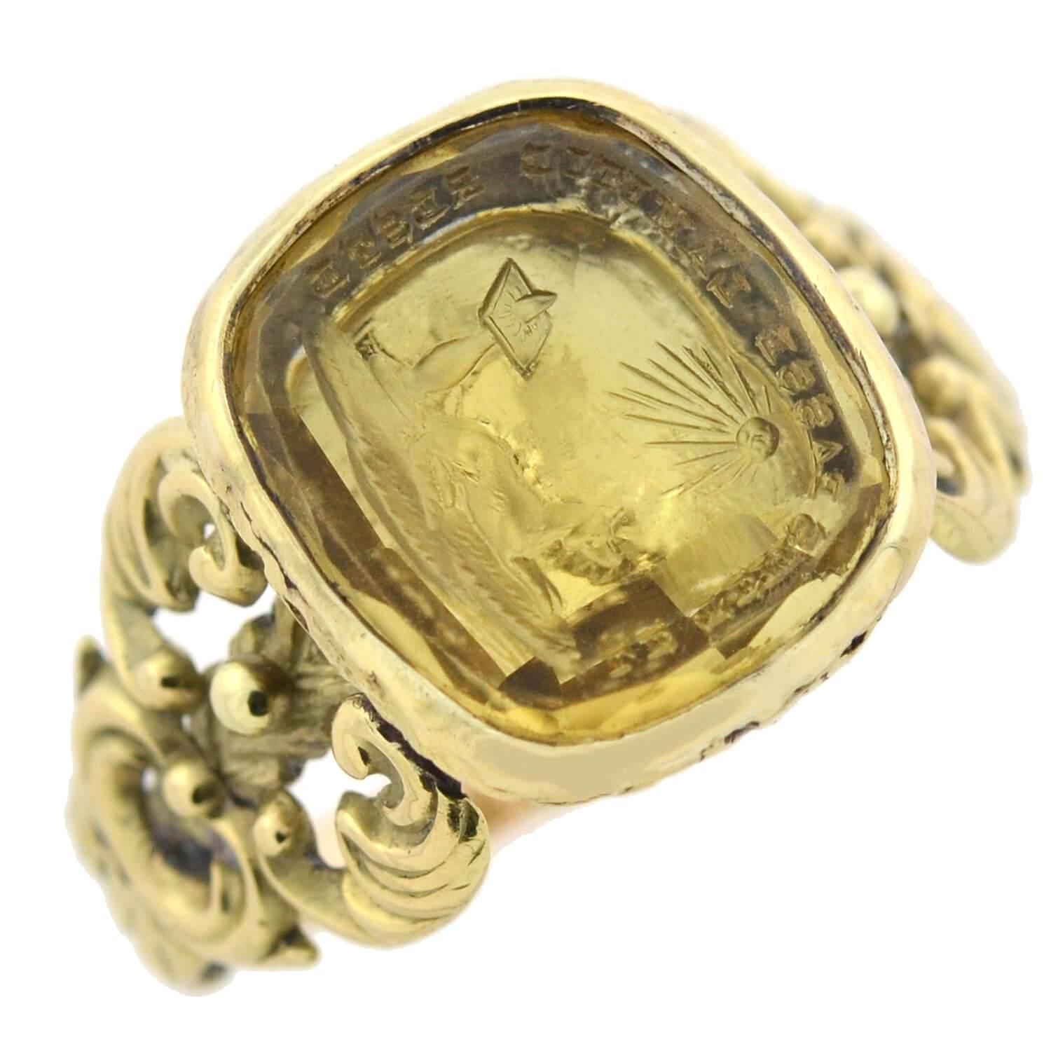 The opposite of a cameo, an intaglio is created by carving into the surface of a stone to produce an image in relief, with the purpose of pressing into sealing wax. A signet ring can be represented with an intaglio, or with a simple smooth seal. Its