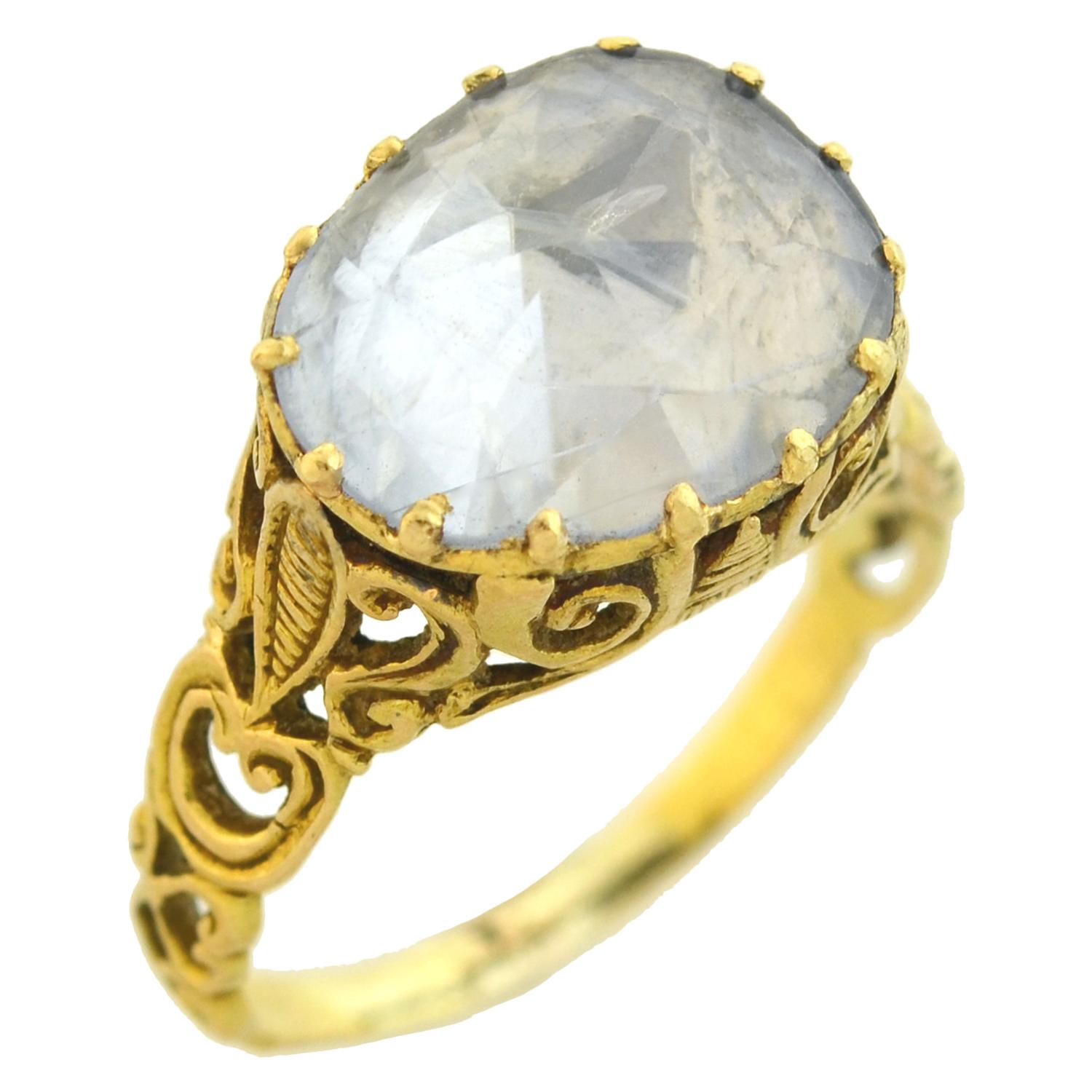 Filigraner georgischer Ring mit 10 Karat weißem Saphir mit Folienrückseite im Zustand „Gut“ in Narberth, PA
