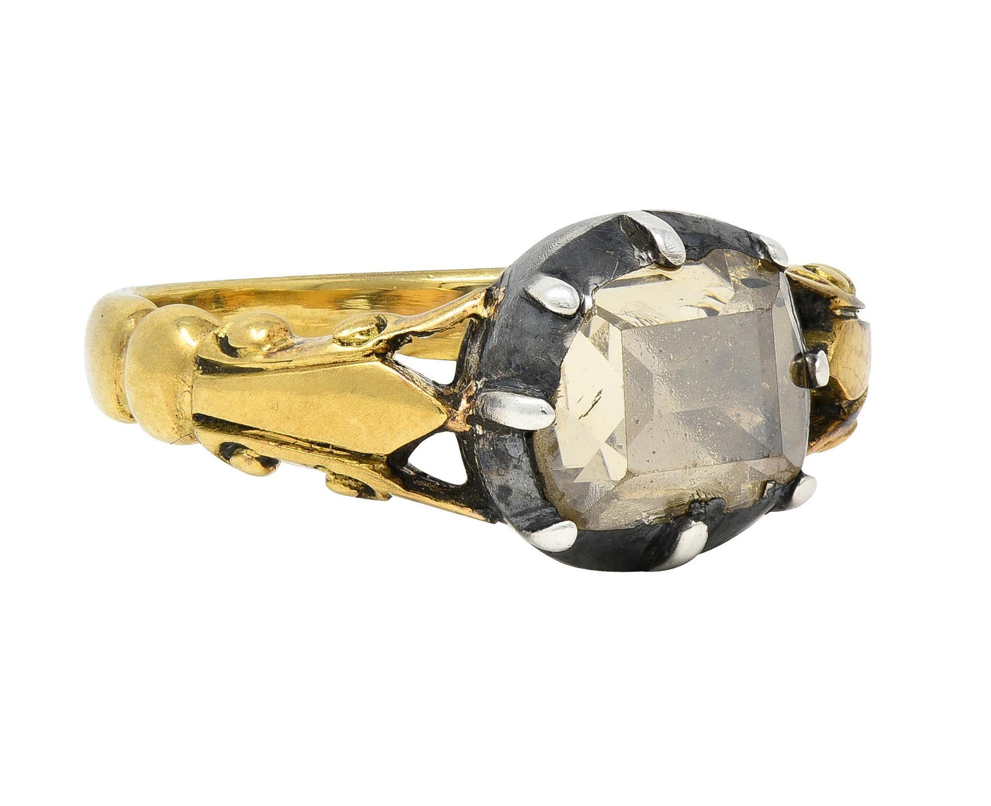 Square Cut Georgian Foil Backed Diamond 18K Gold Silver Colette Fleur-De-Lis Antique Ring For Sale