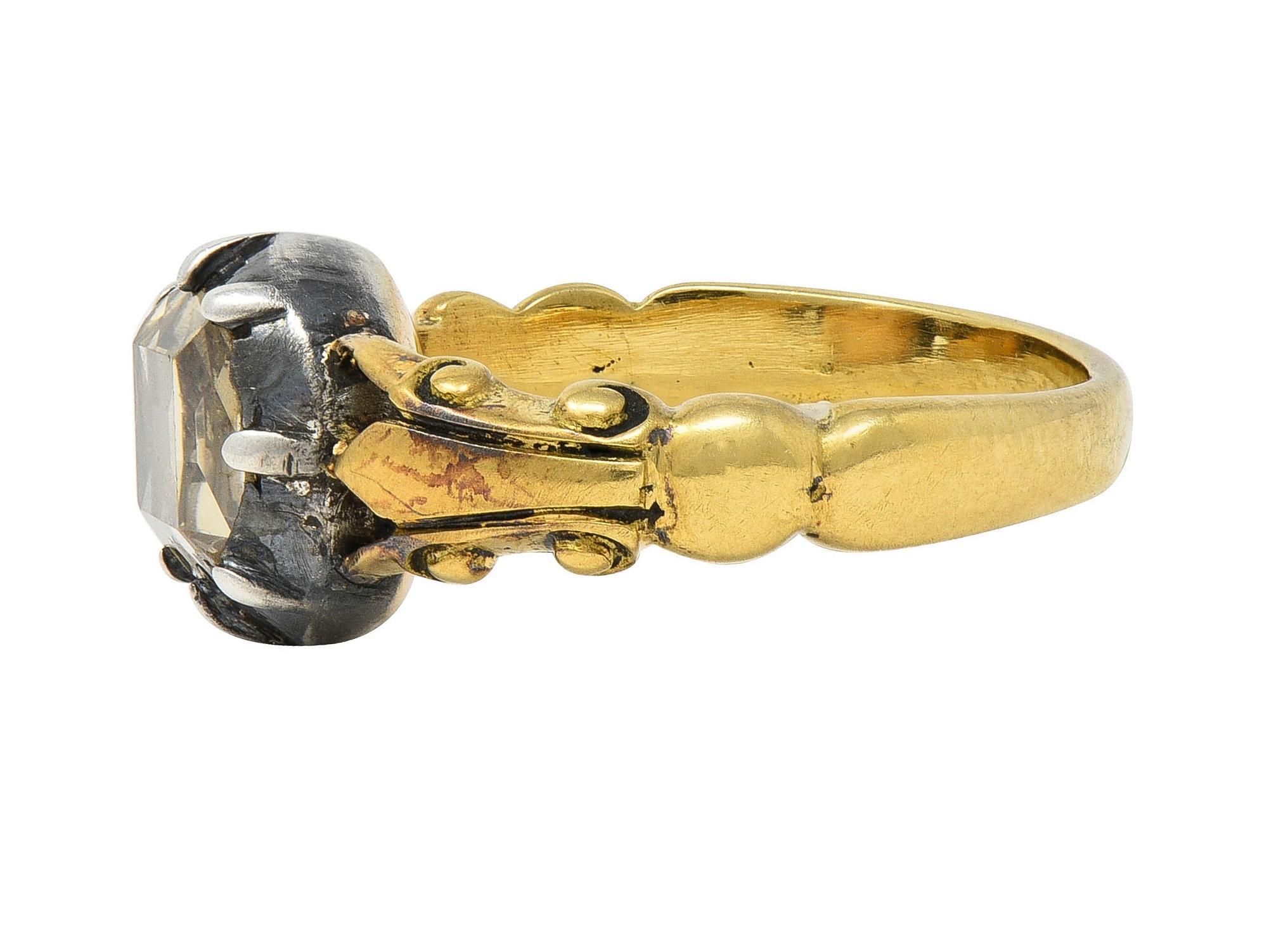 Georgian Foil Backed Diamond 18K Gold Silver Colette Fleur-De-Lis Antique Ring For Sale 1