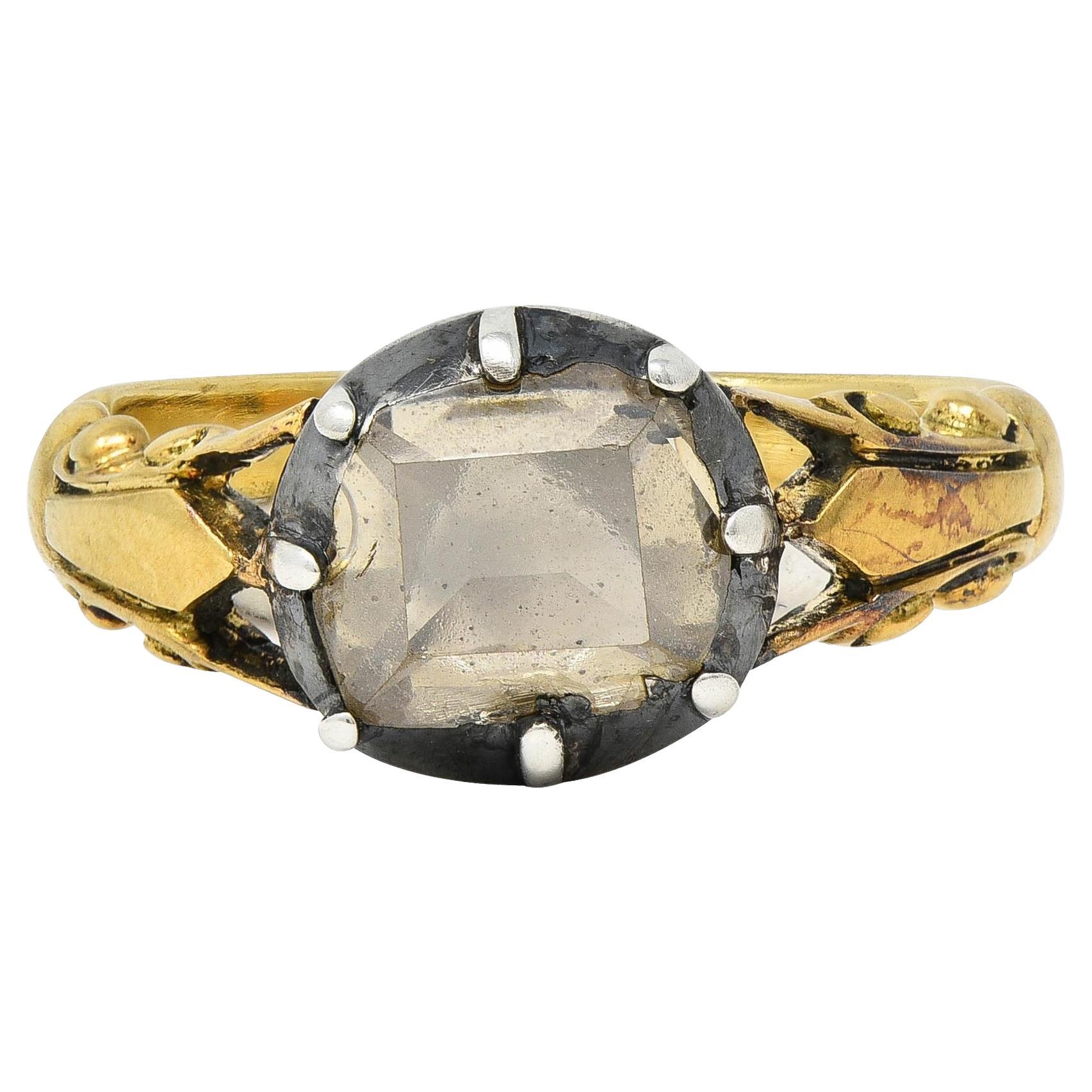 Georgian Foil Backed Diamond 18K Gold Silver Colette Fleur-De-Lis Antique Ring