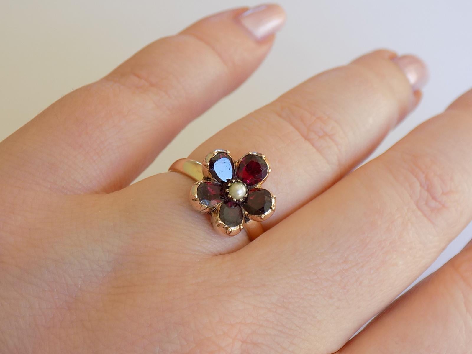 Women's Georgian Foil Backed Garnet Pearl Gold Flower Ring