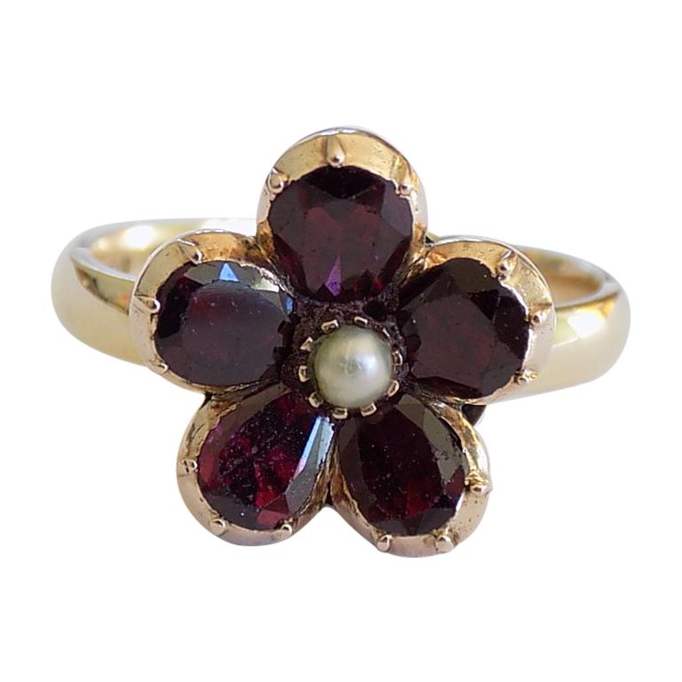 Georgian Foil Backed Garnet Pearl Gold Flower Ring