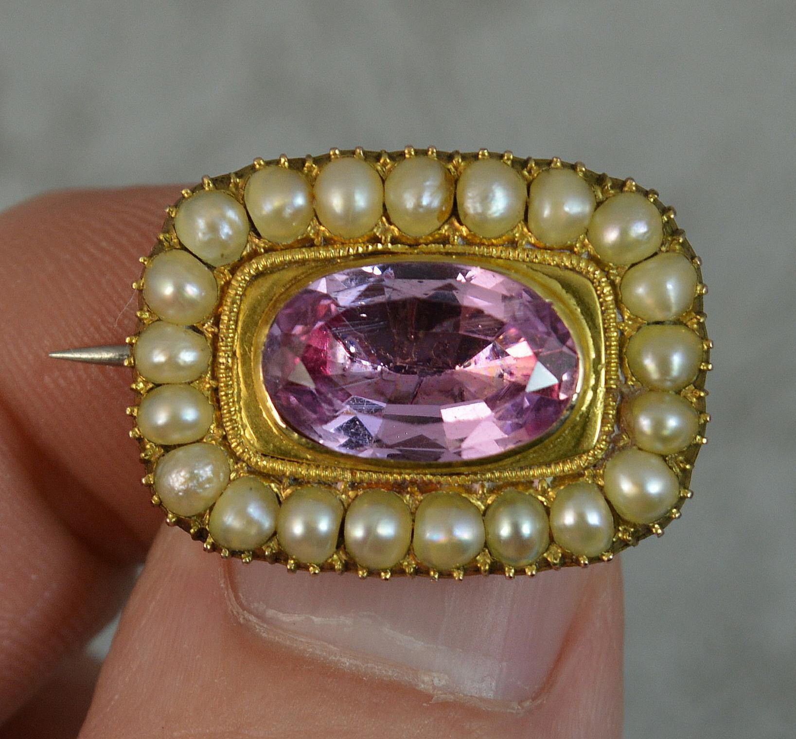 Oval Cut Georgian Foiled Certified Imperial Pink Topaz Pearl Brooch in 15ct Gold in Box