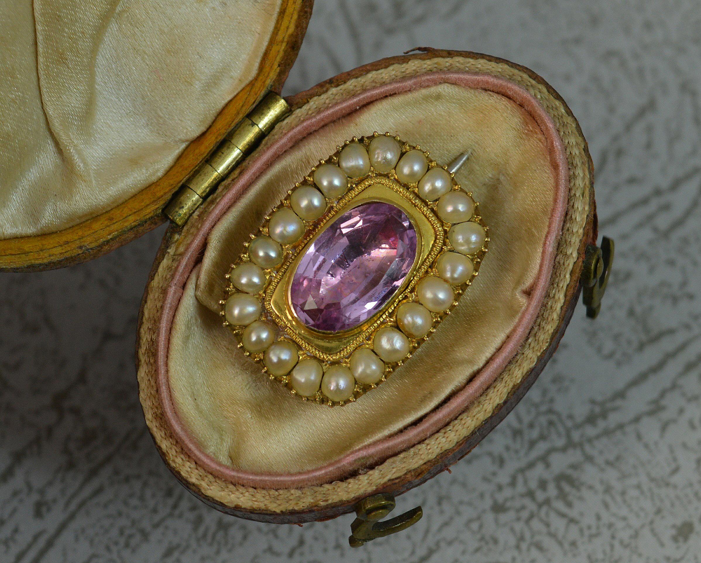 Georgian Foiled Certified Imperial Pink Topaz Pearl Brooch in 15ct Gold in Box 1