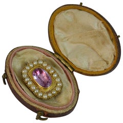 Georgian Foiled Certified Imperial Pink Topaz Pearl Brooch in 15ct Gold in Box