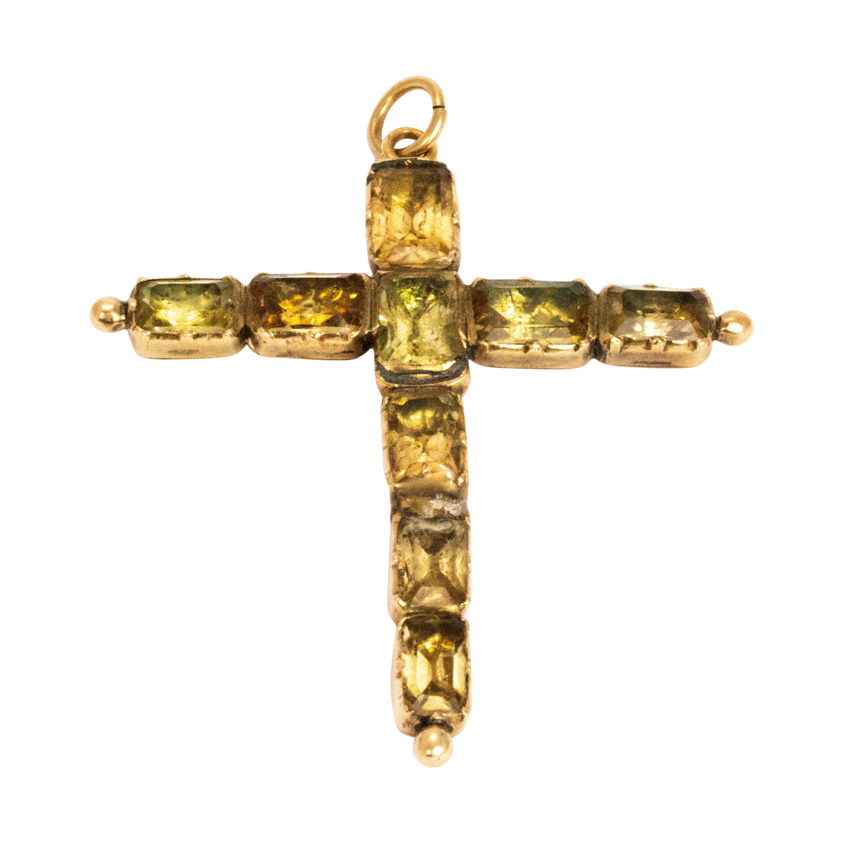 Georgian Foiled Citrine and Yellow Gold Cross Pendant