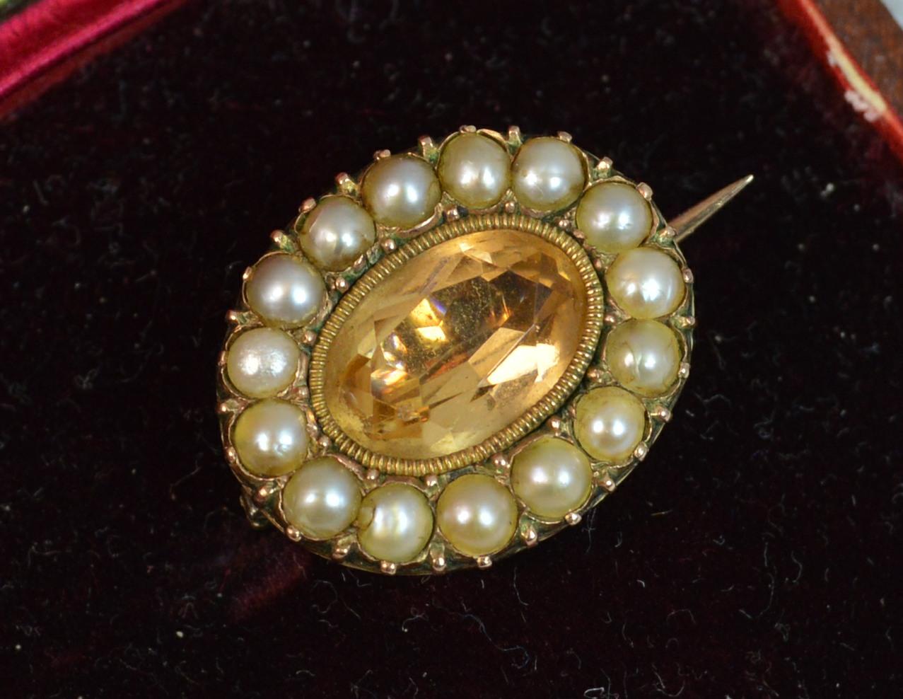 Georgian Foiled Golden Topaz Pearl Rose Gold Brooch 5
