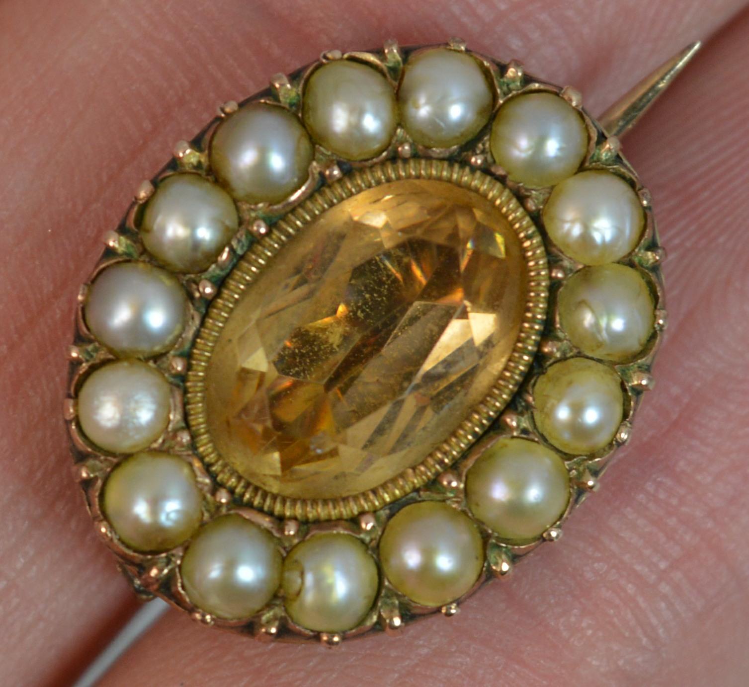 George III Georgian Foiled Golden Topaz Pearl Rose Gold Brooch
