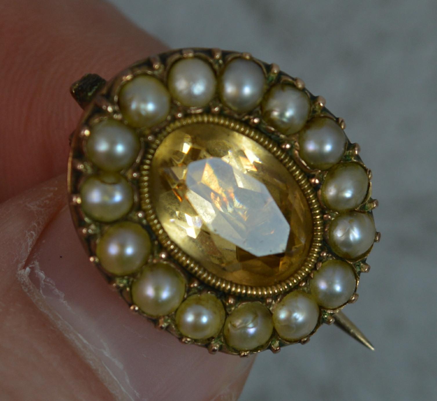 Georgian Foiled Golden Topaz Pearl Rose Gold Brooch In Excellent Condition In St Helens, GB