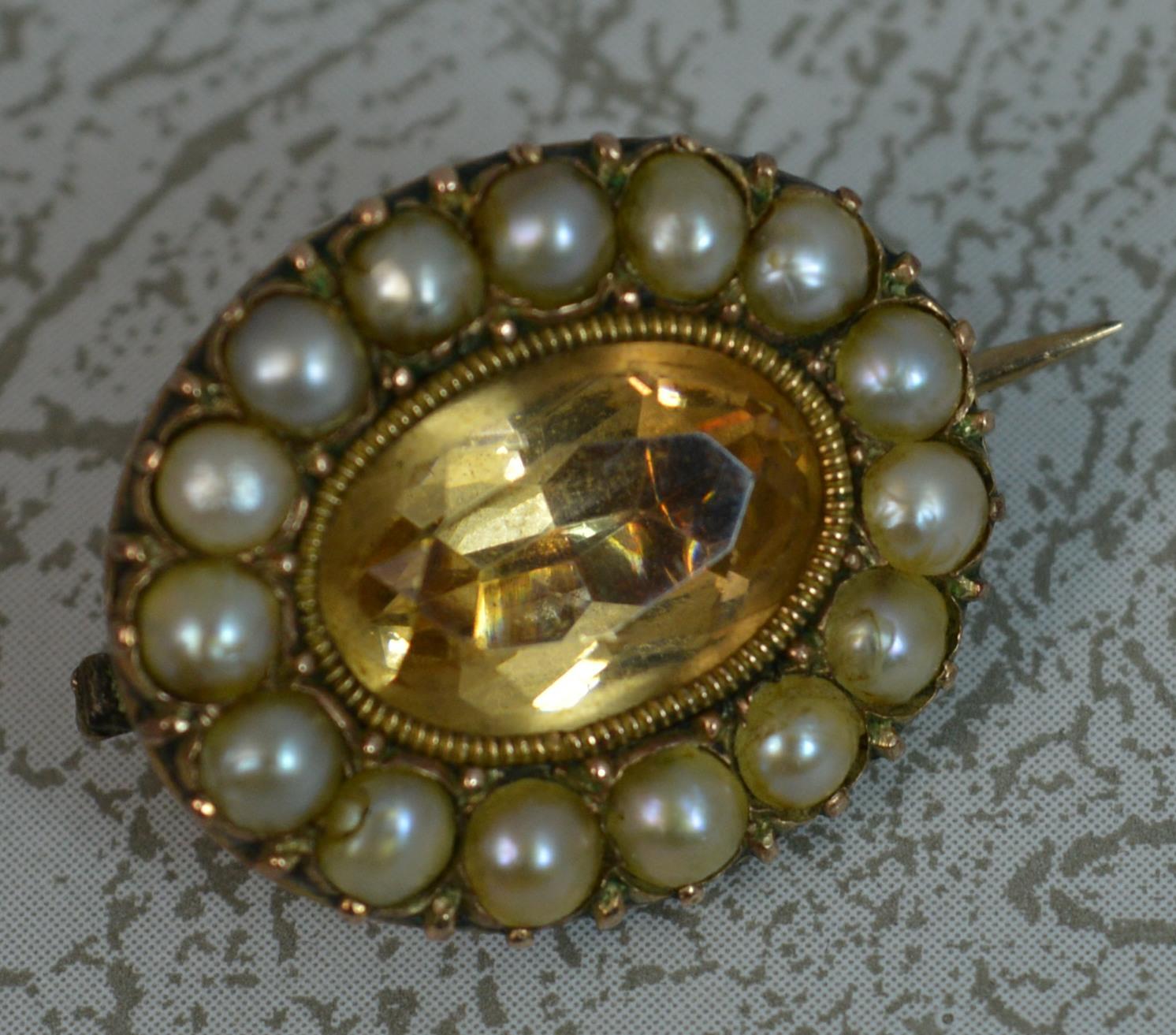 Women's Georgian Foiled Golden Topaz Pearl Rose Gold Brooch